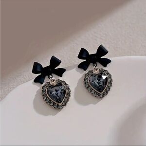 Black Heart and Bow Rhinestone Earrings, Black Bow Earrings, Black Heart Earring